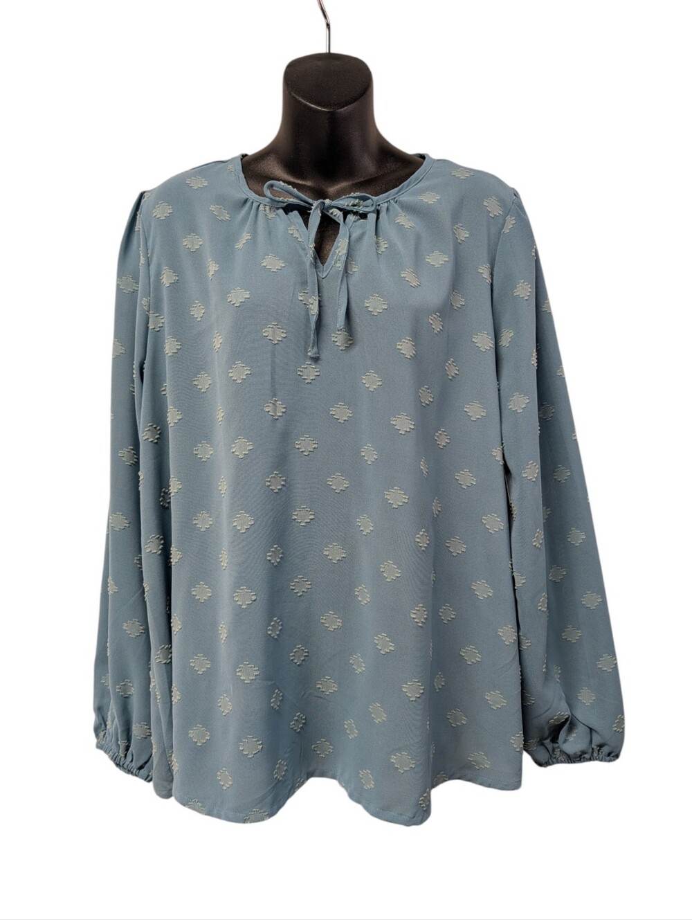Threadgrit Teal Blue Textured Clip Dot Blouse Tie Neck Keyhole Top Size L NWT